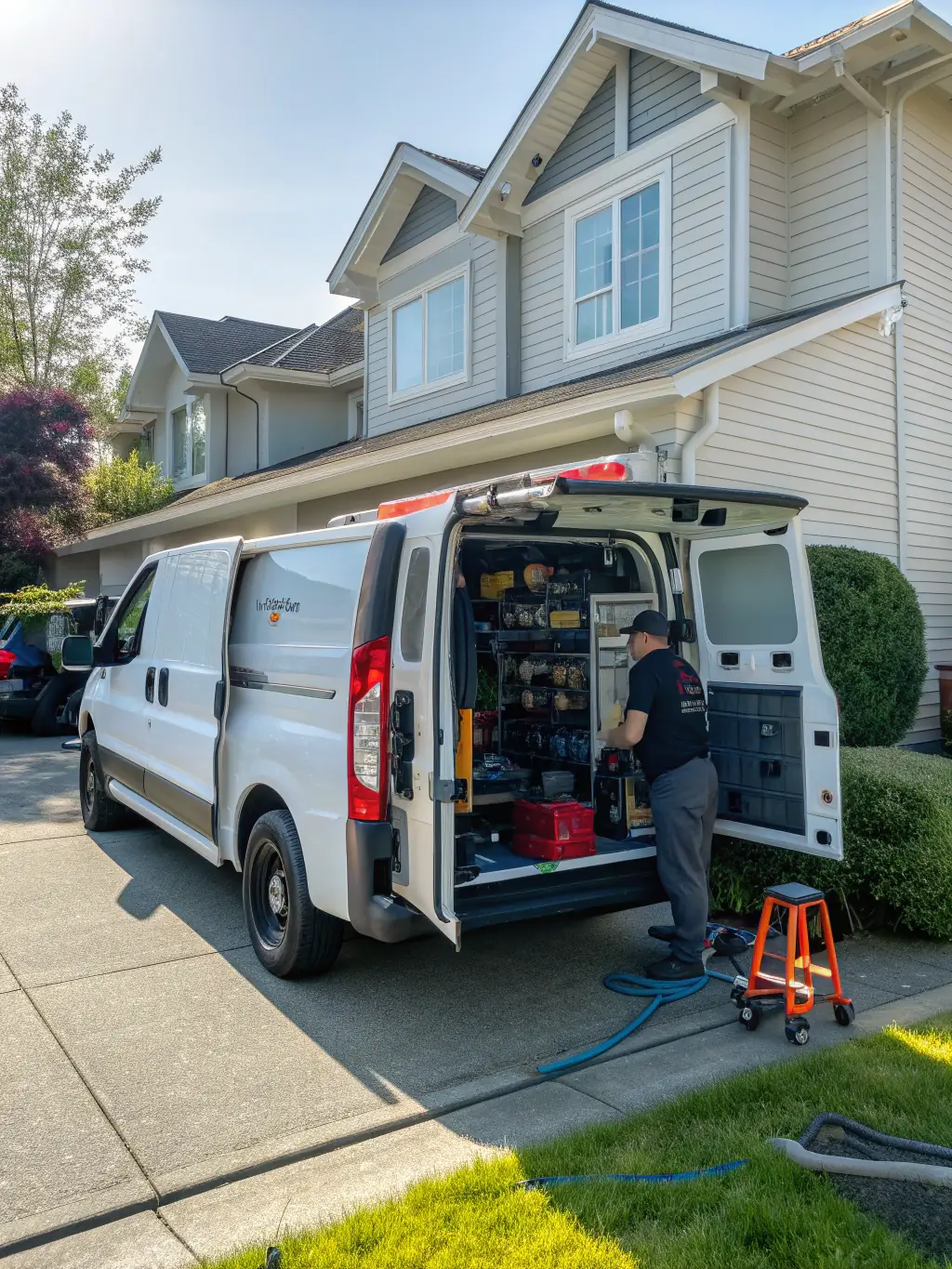 An image depicting a Viking Repair San Francisco van arriving at a customer's home for a same-day service call.