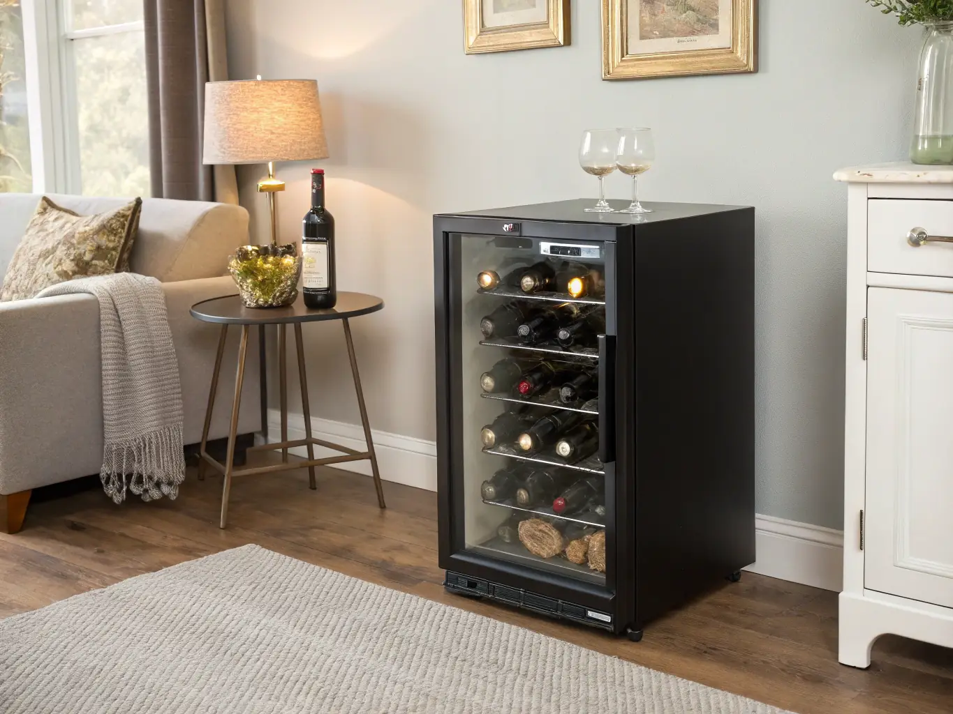 A sleek, modern Viking wine cooler being serviced by a technician in a sophisticated home setting.