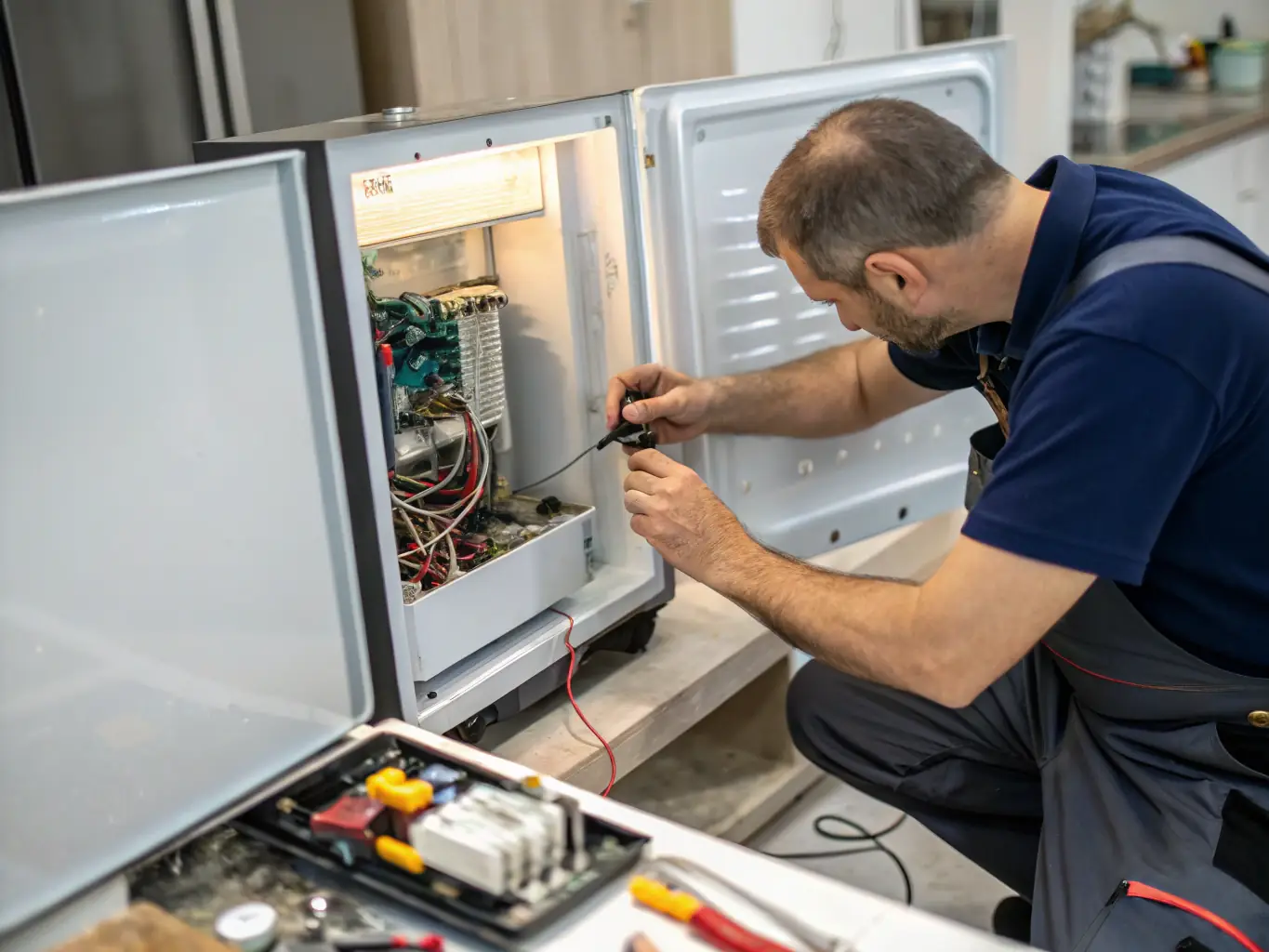 A close-up shot of a technician's hands working on the internal components of a Viking refrigerator, with a focus on precision and expertise.